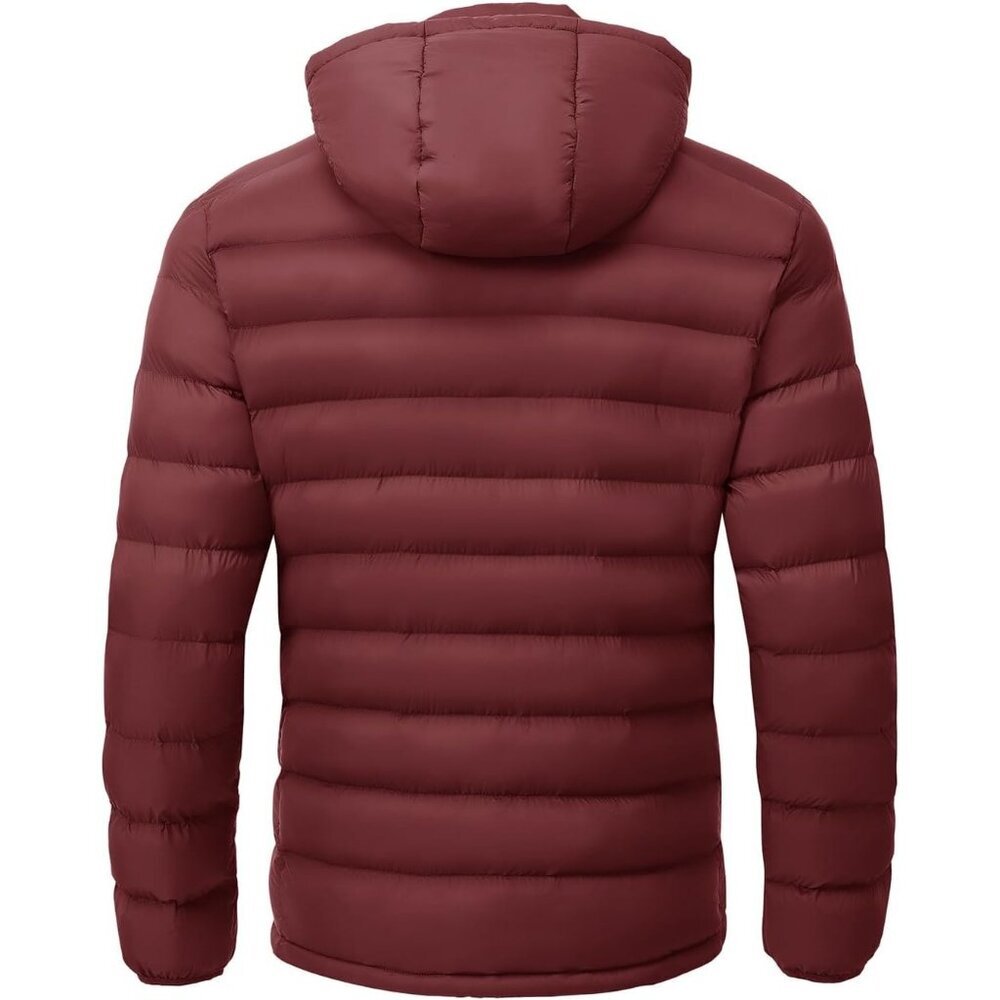Men’s Wine Red 100% Nylon Hooded Zip-Up Lightweight Warm Winter Puffer Jacket - Picture 4 of 7